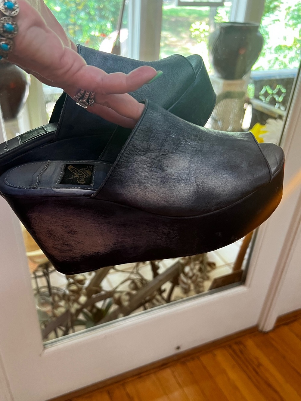 Freebird by Steven KANE platform wedge mules in distressed blue leather size 9